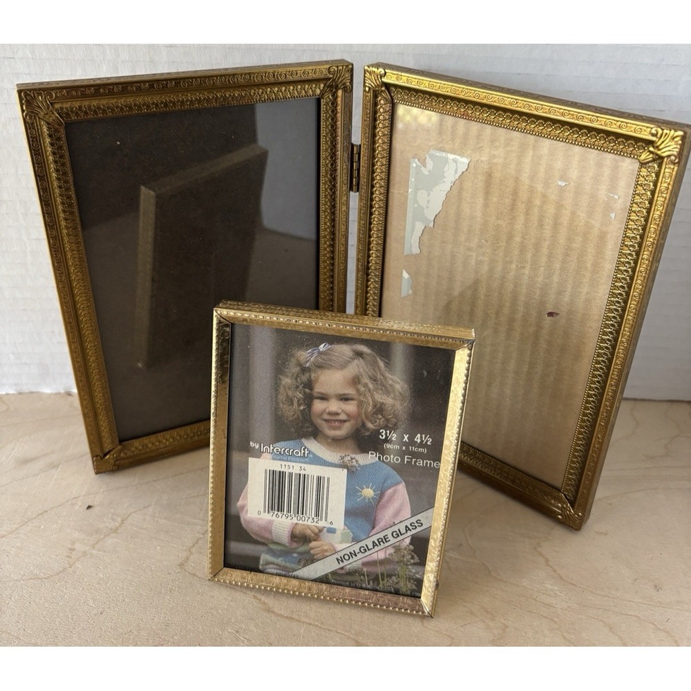 Vintage Photo Frame LOT of 2 Gold Metal Double 5 x 7 + 3 1/2 x 4 1/2 Intercraft